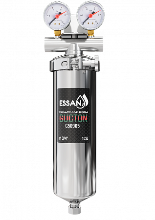 Корпус-колба фильтра из нержавейки ESSAN GUCTON горячая и холодная вода 10SL, 3/4" В,под 2 манометра