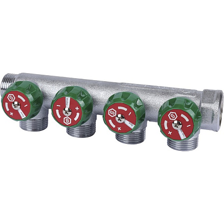 Коллектор распределительный вентильный STOUT никель 3/4"x3/4" -4 выхода, (зеленые ручки), евроконус