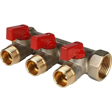 Коллектор распределительный шаровой STOUT никель 3/4"x1/2" -3 выхода, (красные ручки), плоский