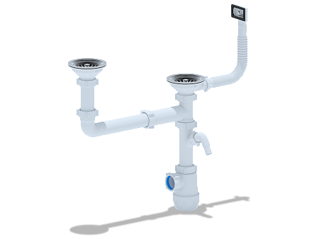 Сифон для кухонных мойки двойной АНИПЛАСТ ГРОТ A7700S разноур 31/2"х40 с перел и отв для стирал маш