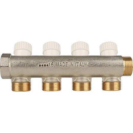 Коллектор распределительный вентильный STOUT никель 3/4"x3/4" -4 выхода, (белые ручки), евроконус