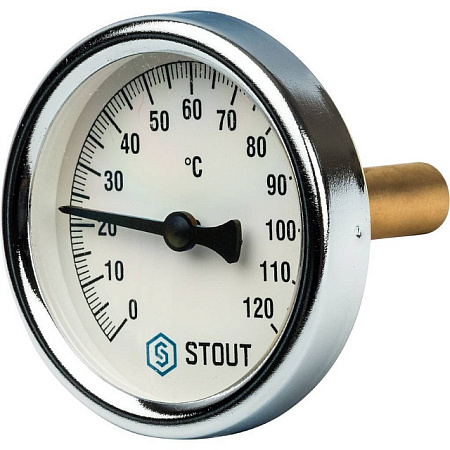 Термометр биметаллический погружной STOUT Ø63-1/2", гильза 50 мм, резьба самоуплот, +120°C