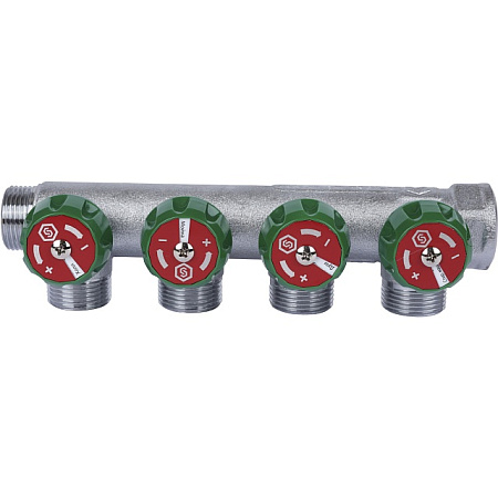 Коллектор распределительный вентильный STOUT никель 3/4"x3/4" -4 выхода, (зеленые ручки), евроконус