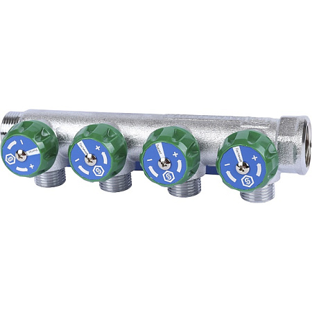 Коллектор распределительный вентильный STOUT никель 3/4"x1/2" -4 выхода, (зеленые ручки), плоский