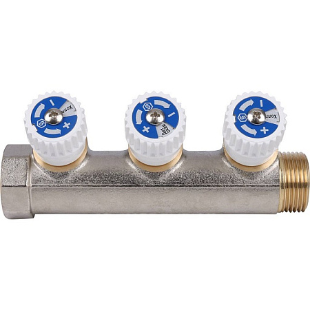 Коллектор распределительный вентильный STOUT никель 3/4"x1/2" -3 выхода, (белые ручки), евроконус