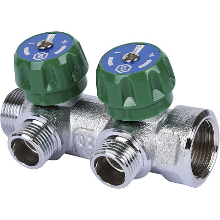 Коллектор распределительный вентильный STOUT никель 3/4"x1/2" -2 выхода, (зеленые ручки), плоский