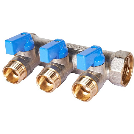 Коллектор распределительный шаровой STOUT никель 3/4"x1/2" -3 выхода, (синие ручки), евроконус