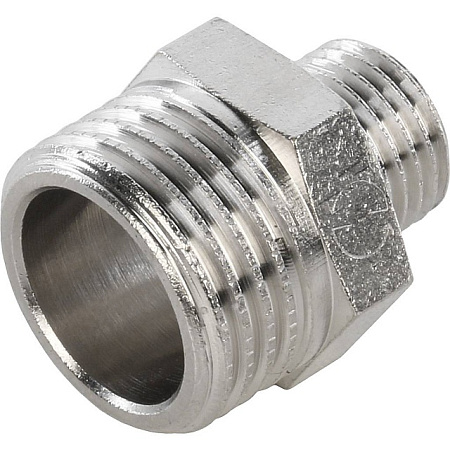 Ниппель переходной резьбовой латунный STOUT никель 1/2"x1/4" Н