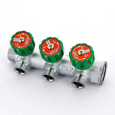 Коллектор распределительный вентильный FAR никель 3/4"x1/2" -3 выхода, EU евроконус с вставкой