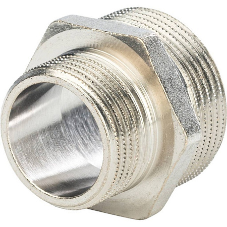 Ниппель переходной резьбовой латунный STOUT никель 11/4"x1" Н