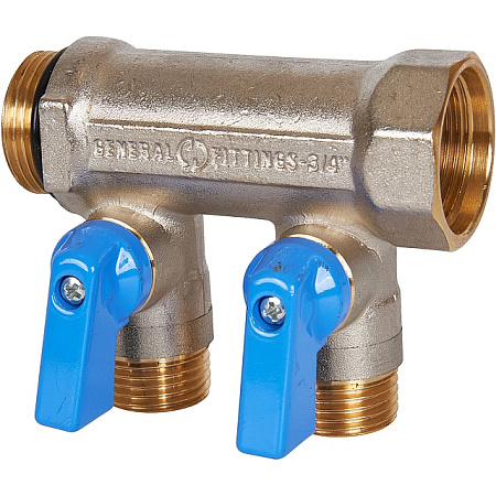 Коллектор распределительный шаровой STOUT никель 3/4"x1/2" -2 выхода, (синие ручки), евроконус