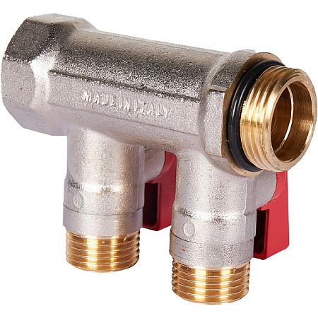 Коллектор распределительный шаровой STOUT никель 3/4"x1/2" -2 выхода, (красные ручки), евроконус