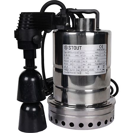 Насос дренажный STOUT с вертикальным поплавком,  кабель 10 м, 230V, Q=150 л/мин, H=8 м
