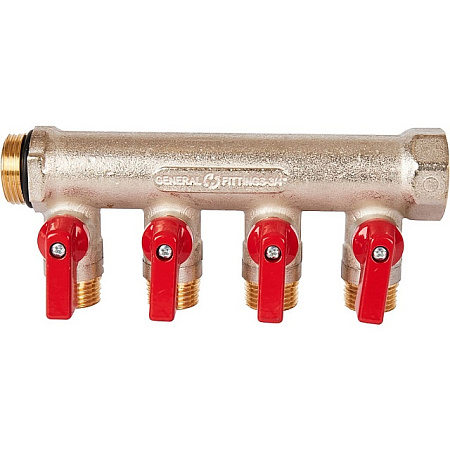 Коллектор распределительный шаровой STOUT никель 3/4"x1/2" -4 выхода, (красные ручки), евроконус