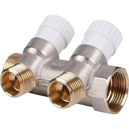 Коллектор распределительный вентильный STOUT никель 3/4"x1/2" -2 выхода, (белые ручки), евроконус