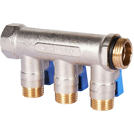 Коллектор распределительный шаровой STOUT никель 3/4"x1/2" -3 выхода, (синие ручки), евроконус