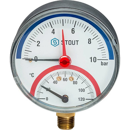Термоманометр радиальный STOUT Ø80-1/2", 10 бар, вертикальное подключение, +120°C