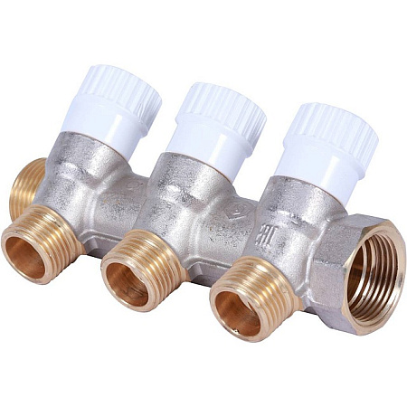 Коллектор распределительный вентильный STOUT никель 3/4"x1/2" -3 выхода, (белые ручки), плоский