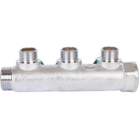 Коллектор распределительный вентильный STOUT никель 3/4"x1/2" -3 выхода, (зеленые ручки), евроконус