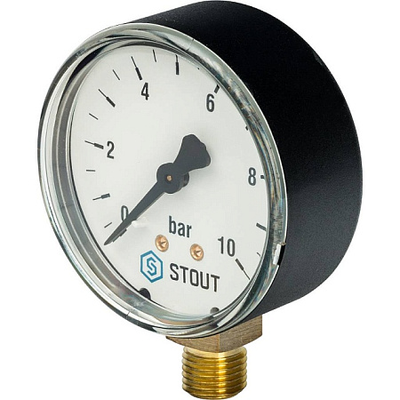 Манометр радиальный STOUT Ø63-1/4", 10 бар, вертикальное подключение