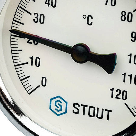 Термометр биметаллический погружной STOUT Ø63-1/2", гильза 50 мм, резьба самоуплот, +120°C