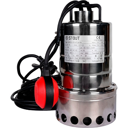 Насос дренажный STOUT с поплавком, нерж.раб.колесо, кабель 10 м, 230V, Q=175 л/мин, H=7,5