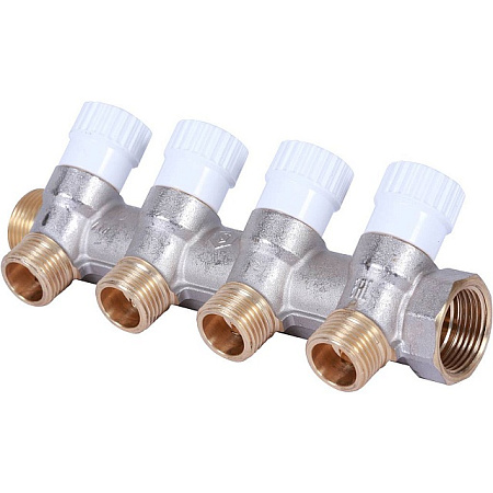 Коллектор распределительный вентильный STOUT никель 3/4"x1/2" -4 выхода, (белые ручки), плоский