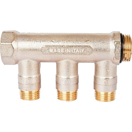 Коллектор распределительный шаровой STOUT никель 3/4"x1/2" -3 выхода, (красные ручки), евроконус