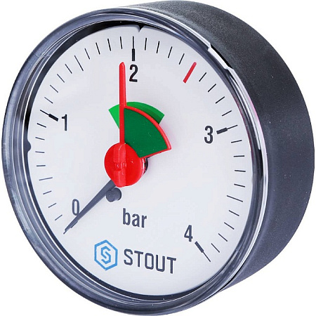 Манометр аксиальный STOUT Ø63-1/4", 4 бар, горизонтальное подключение, с указателем предела