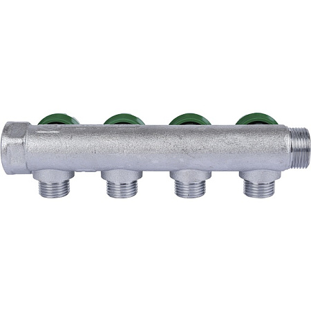 Коллектор распределительный вентильный STOUT никель 3/4"x1/2" -4 выхода, (зеленые ручки), евроконус