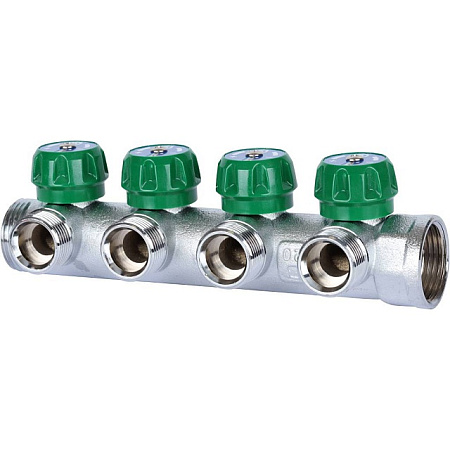 Коллектор распределительный вентильный STOUT никель 1"x3/4" -4 выхода, (зеленые ручки), евроконус