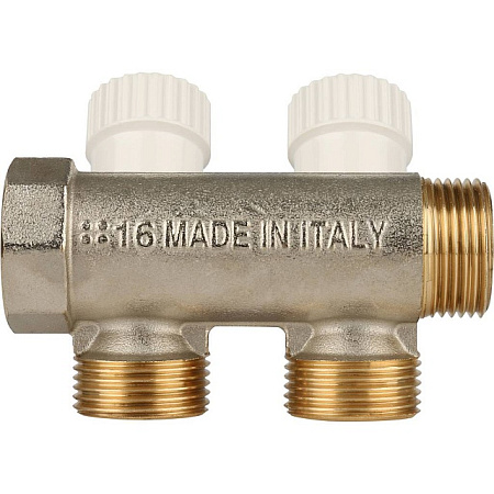 Коллектор распределительный вентильный STOUT никель 3/4"x3/4" -2 выхода, (белые ручки), евроконус