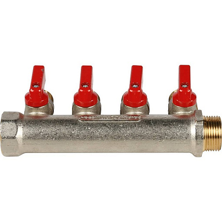 Коллектор распределительный шаровой STOUT никель 3/4"x1/2" -4 выхода, (красные ручки), плоский