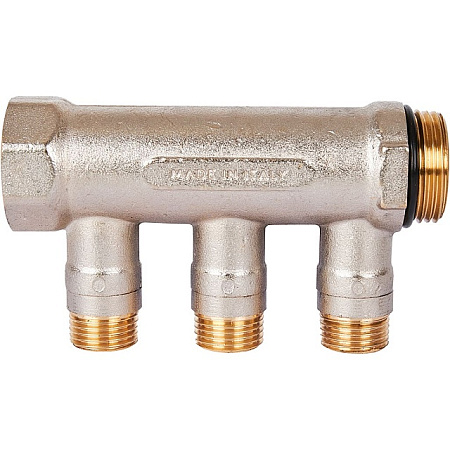Коллектор распределительный шаровой STOUT никель 1"x1/2" -3 выхода, (синие ручки), евроконус