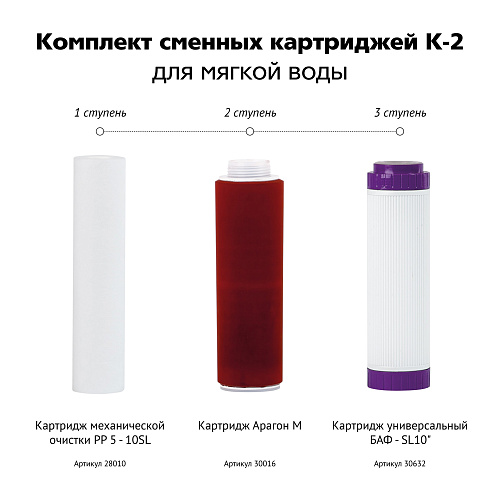 Комплект сменных картриджей ГЕЙЗЕР К-2 РР+АРАГОН М+В(Са)+БАФ+муфта Б