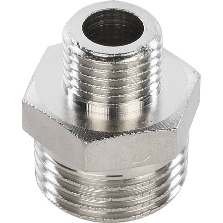 Ниппель переходной резьбовой латунный STOUT никель 1/2"x1/4" Н