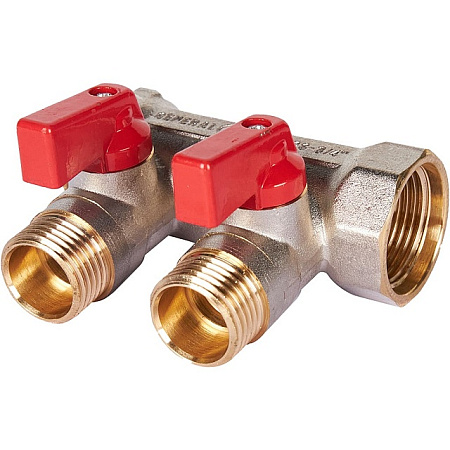 Коллектор распределительный шаровой STOUT никель 3/4"x1/2" -2 выхода, (красные ручки), евроконус