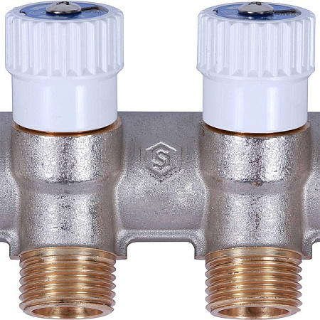 Коллектор распределительный вентильный STOUT никель 3/4"x1/2" -4 выхода, (белые ручки), плоский