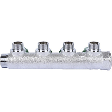 Коллектор распределительный вентильный STOUT никель 3/4"x1/2" -4 выхода, (зеленые ручки), плоский