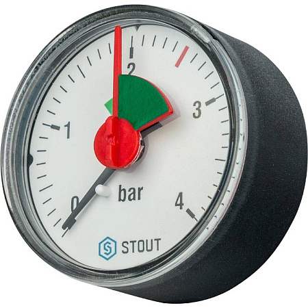 Манометр аксиальный STOUT Ø50-1/4", 4 бар, горизонтальное подключение, с указателем предела