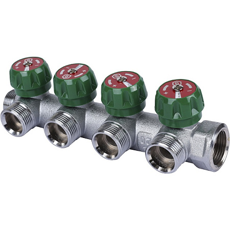 Коллектор распределительный вентильный STOUT никель 3/4"x3/4" -4 выхода, (зеленые ручки), евроконус