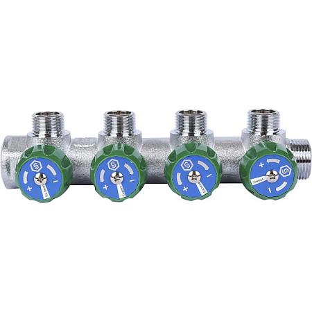 Коллектор распределительный вентильный STOUT никель 3/4"x1/2" -4 выхода, (зеленые ручки), плоский
