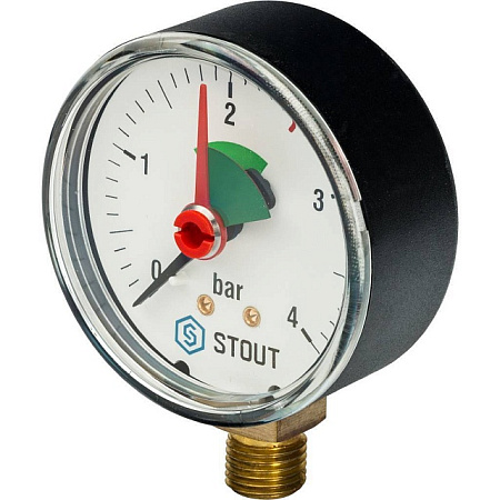 Манометр радиальный STOUT Ø63-1/4", 4 бар, вертикальное подключение, с указателем предела