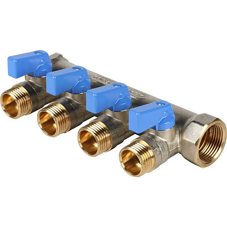Коллектор распределительный шаровой STOUT никель 3/4"x1/2" -4 выхода, (синие ручки), плоский