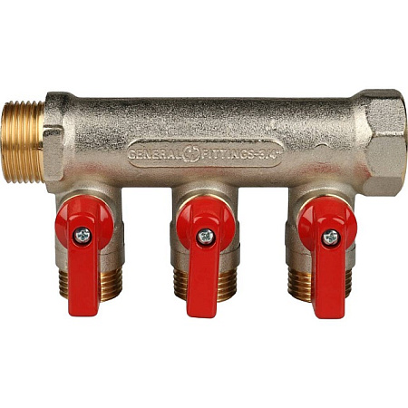 Коллектор распределительный шаровой STOUT никель 3/4"x1/2" -3 выхода, (красные ручки), плоский