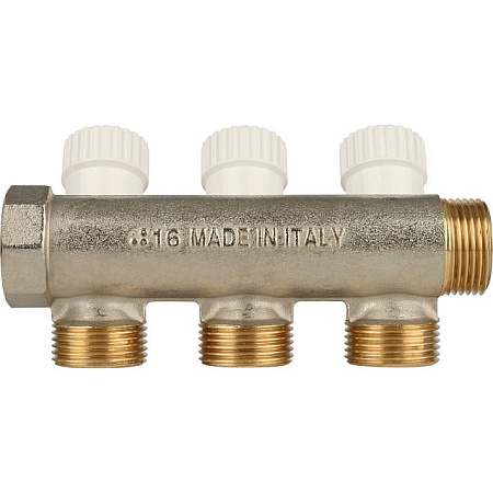 Коллектор распределительный вентильный STOUT никель 3/4"x3/4" -3 выхода, (белые ручки), евроконус