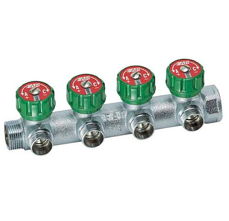 Коллектор распределительный вентильный FAR никель 3/4"x1/2" -4 выхода, EU евроконус