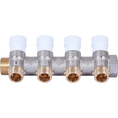Коллектор распределительный вентильный STOUT никель 3/4"x1/2" -4 выхода, (белые ручки), плоский