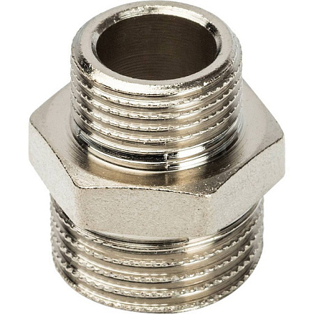 Ниппель переходной резьбовой латунный STOUT никель 1/2"x3/8" Н