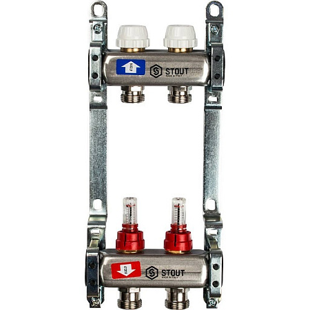 Коллекторная группа STOUT нержавейка 1"x3/4" EK -2 выхода, с расходомерами